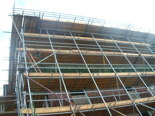 Scaffolding erected for a new build office block near Blackburn, Lancashire