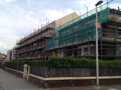 Scaffolding erected to a block of flats at Lytham Road, Blackpool, Lancashire