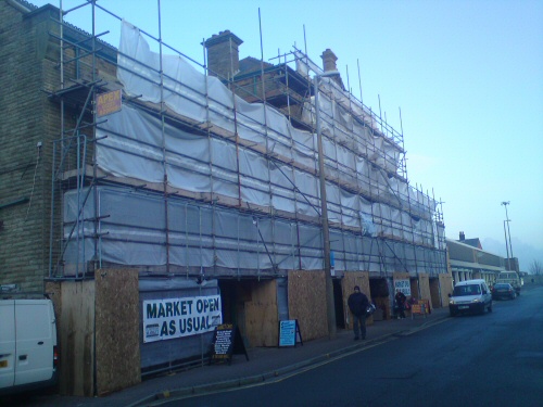 Scaffolding to the exterior of Fleetwood Market during the renovation of external stonework