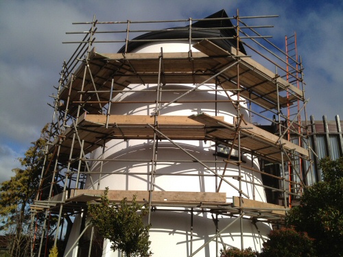 Example of the flexibility of tube and fitting scaffolding being used for access to paint an historic windmill in Kirkham, Lancashire