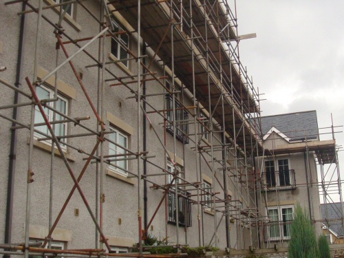 Scaffolding erected to a block of flats in Lancaster, Lancashire