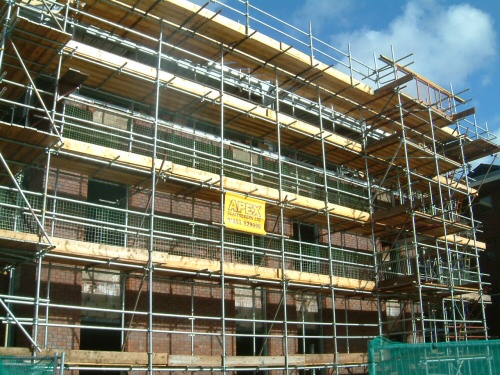 Scaffolding erected to office buildings near Leyland, Lancashire