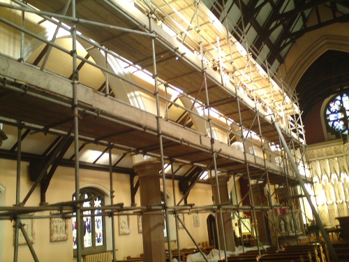 Interior scaffolding erected in a church near Poulton-le-Fylde, Lancashire